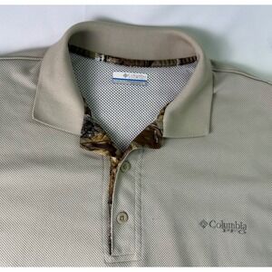 Columbia PFG Performance Fishing Gear Polo Shirt L Beige Camo‎ Collar Omni-Shade